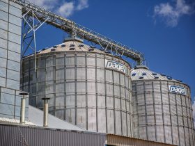 Silos industriais de armazenamento de grãos em uma área agrícola sob céu azul.