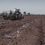 Agricultores trabalham com um trator no preparo de um campo para a próxima temporada de plantio.